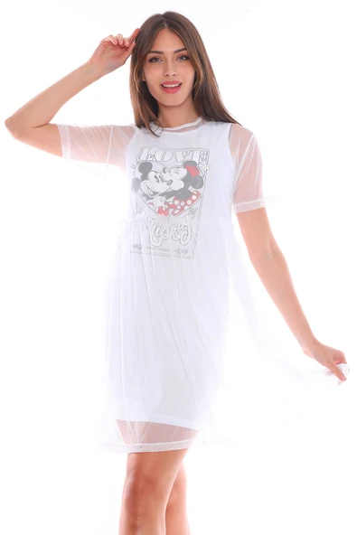 Mickey Mouse Detaylı Tüllü İki Katlı Mini Elbise - 7