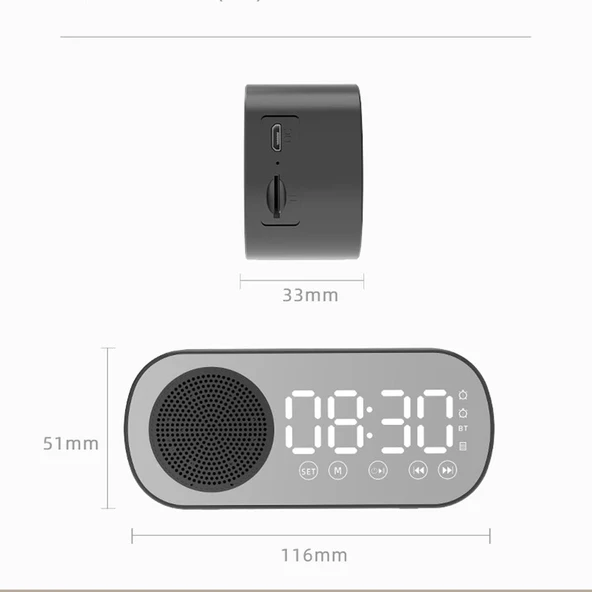 Z7 Dijital Bluetooth 50 Çok Fonksiyonlu Ayna Alarm Saati FM Radyo Siyah - 8