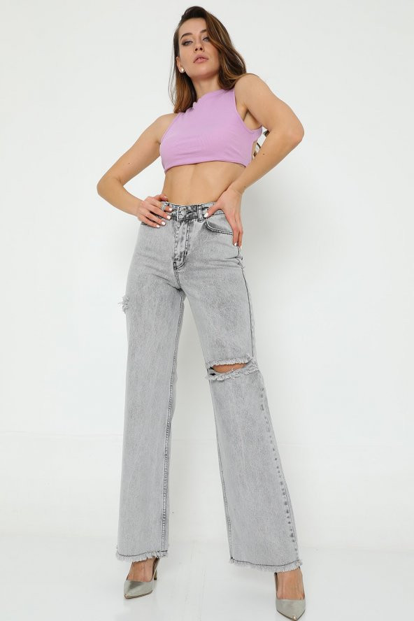 Yüksek Bel Bol Kesim Wide Leg Lazer Yırtık Detaylı Taşlanmış Kot Pantolon