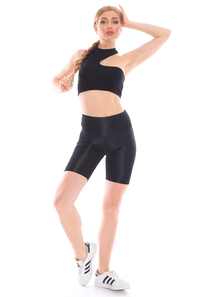 Yüksek Bel Kalın Kemerli Kısa Siyah Parlak Disco Tayt - 5