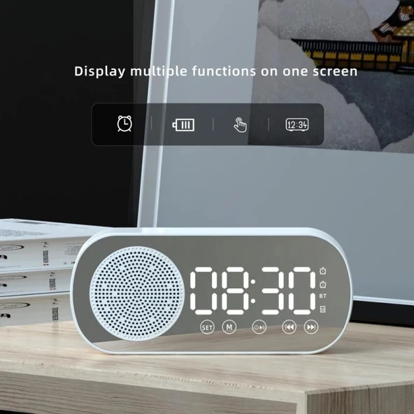 Z7 Dijital Bluetooth 50 Çok Fonksiyonlu Ayna Alarm Saati FM Radyo Siyah - 4
