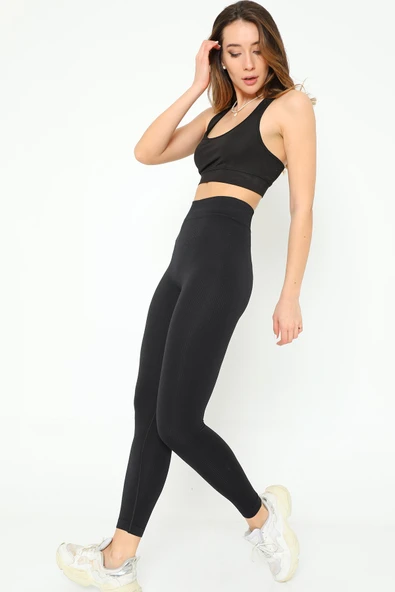 Yüksek Bel Dikişsiz Fitilli Toparlayıcı Tayt - 3