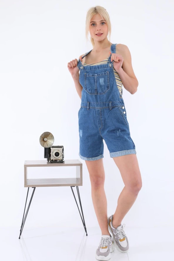 Askılı Kot Salopet Şortlu Tulum - 2