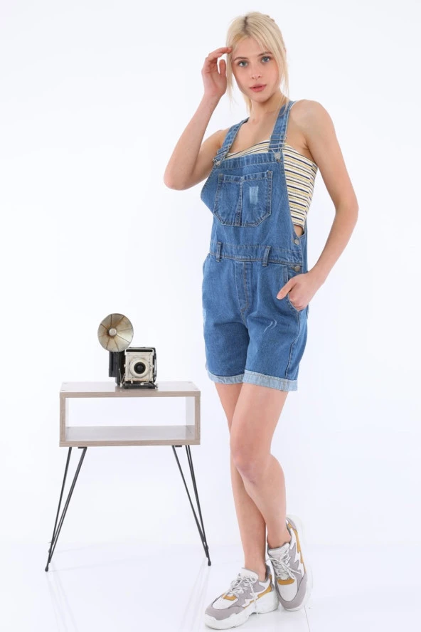 Askılı Kot Salopet Şortlu Tulum - 3