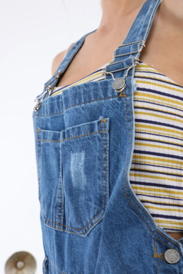 Askılı Kot Salopet Şortlu Tulum - 4