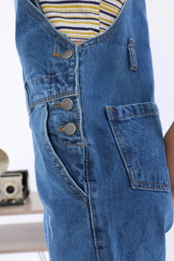 Askılı Kot Salopet Şortlu Tulum - 5