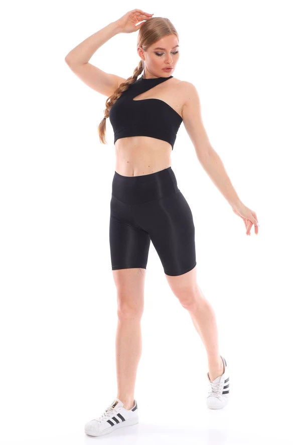 Yüksek Bel Kalın Kemerli Kısa Siyah Parlak Disco Tayt - 2