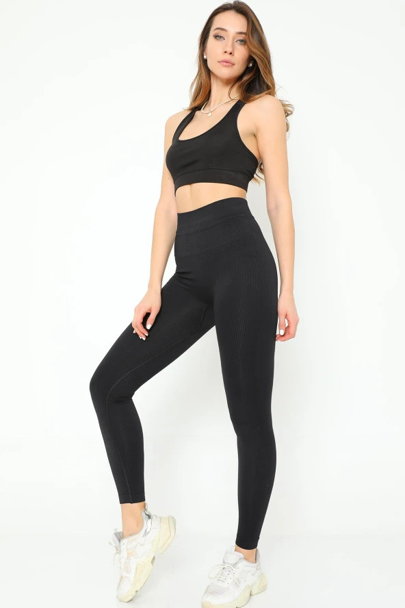 Yüksek Bel Dikişsiz Fitilli Toparlayıcı Tayt - 2