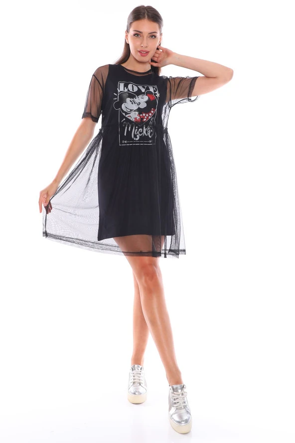 Mickey Mouse Detaylı Tüllü İki Katlı Mini Elbise - 2