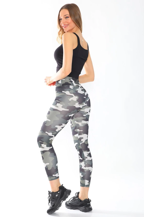 Yüksek Bel Kamuflaj Desen Tayt - 4