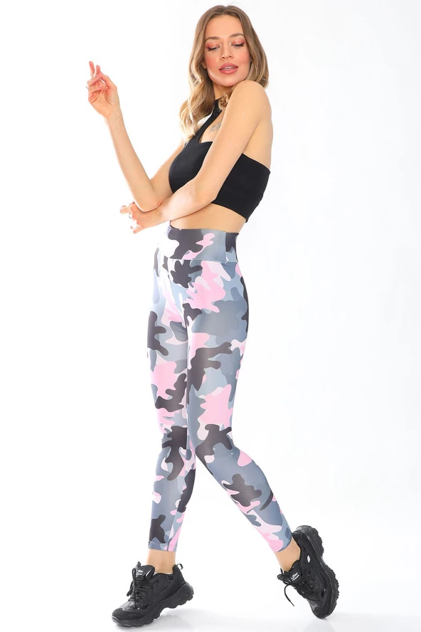 Yüksek Bel Kamuflaj Desen Tayt - 7