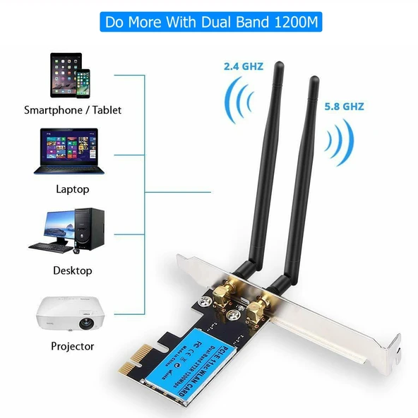 1200Mbps 5G 24G Çift Bant PCIe Kablosuz Ağ Kartı - 5