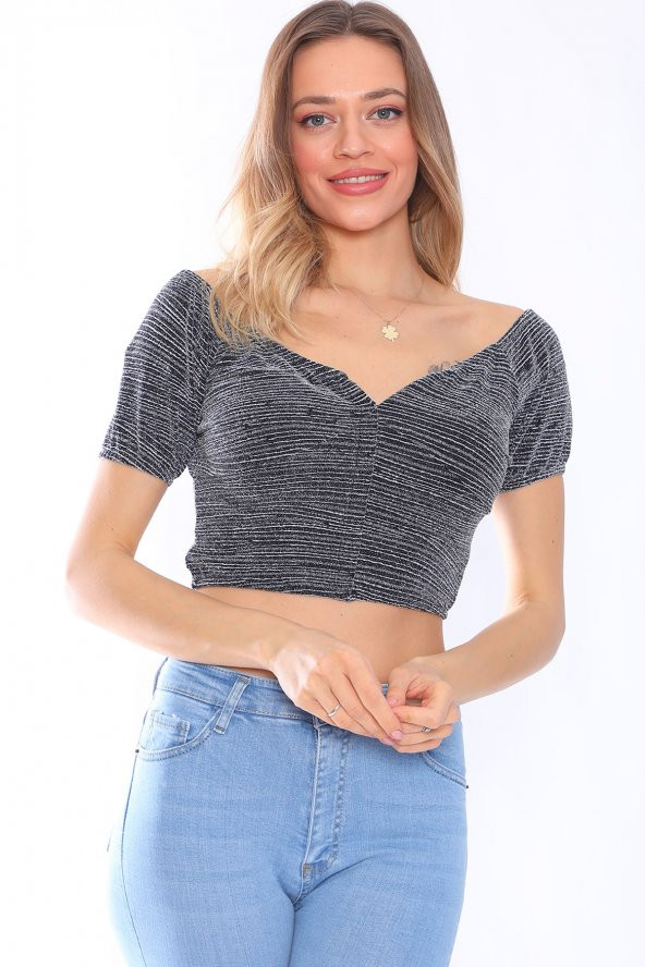 Simli V Yaka Yarım Kollu Crop Bluz - 2