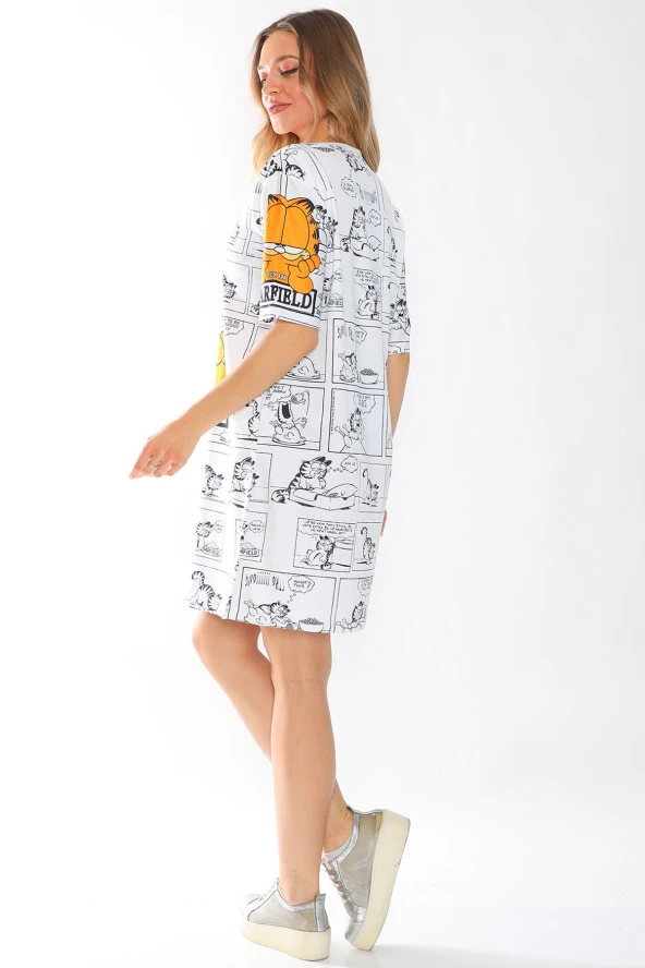 Baskılı Kısa Kollu Pamuklu Likralı Rahat Kesim Elbise - 4