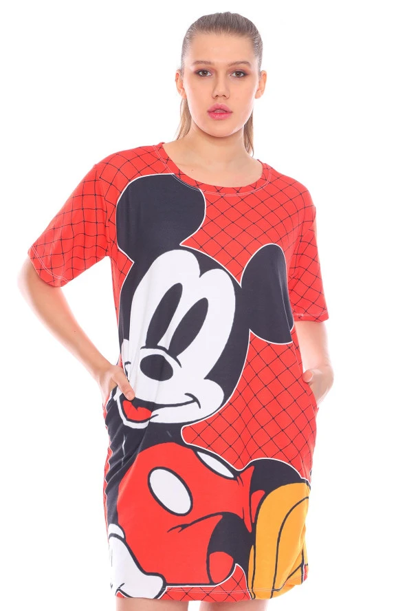 Baskılı Kısa Kollu Pamuklu Likralı Rahat Kesim Elbise - 9