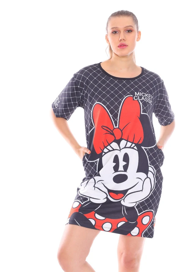 Baskılı Kısa Kollu Pamuklu Likralı Rahat Kesim Elbise - 10