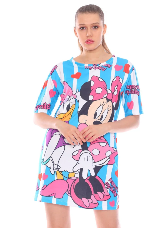 Baskılı Kısa Kollu Pamuklu Likralı Rahat Kesim Elbise - 11