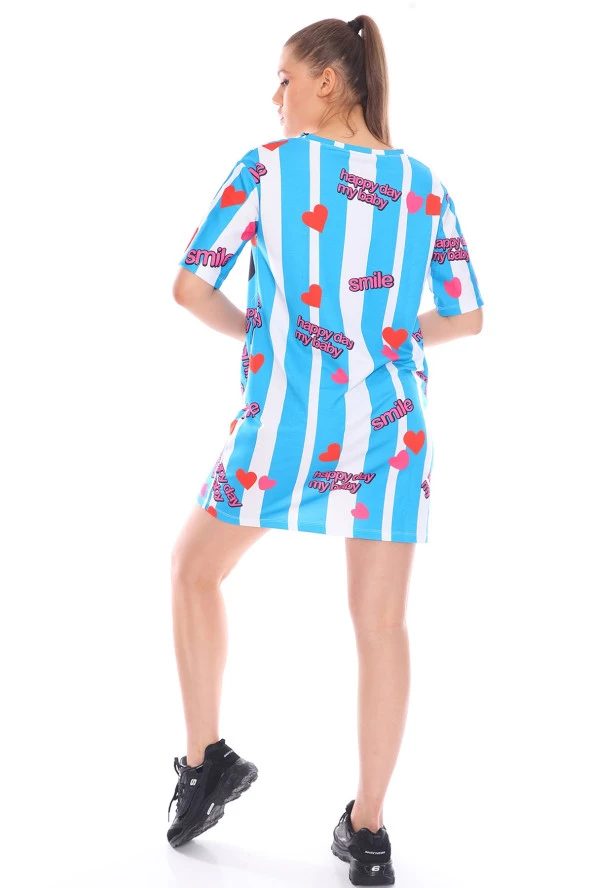 Baskılı Kısa Kollu Pamuklu Likralı Rahat Kesim Elbise - 12