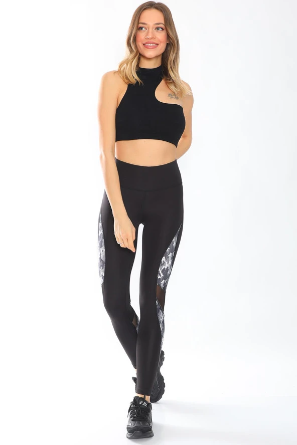 Yüksek Bel Dalgıç Kumaş Yılan Desen Tül Detaylı Siyah Spor Tayt - 2