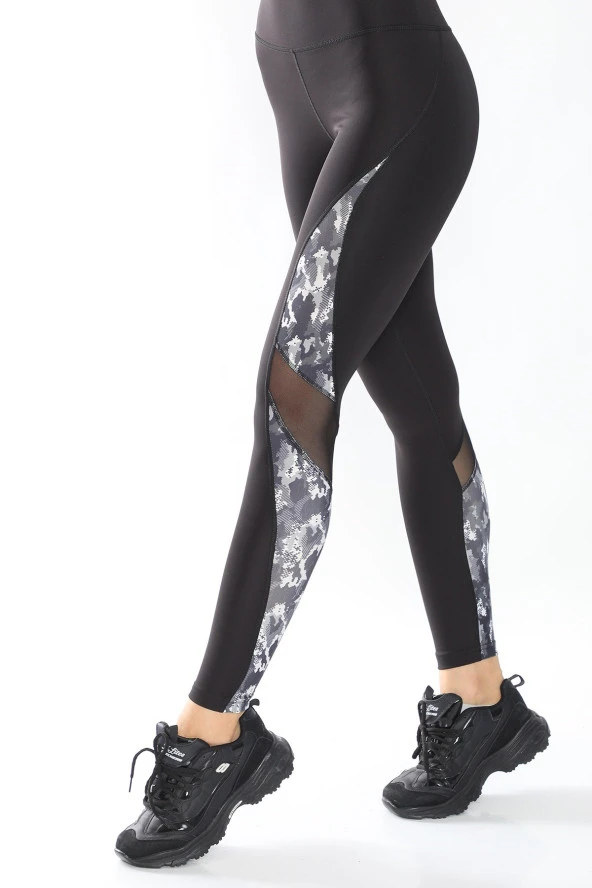 Yüksek Bel Dalgıç Kumaş Yılan Desen Tül Detaylı Siyah Spor Tayt - 5