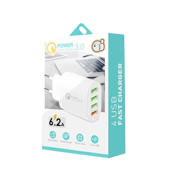 QC04 QC3.0 Hızlı Şarjlı 3 USB2.0 Çoklu Port Şarj Cihazı 3A USB 8 Pin Veri Kablosu Beyaz EU Fiş - 7