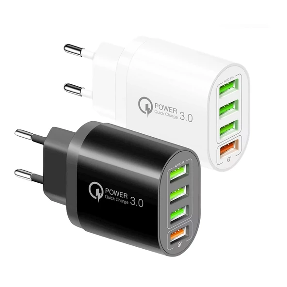 QC04 QC3.0 Hızlı Şarjlı 3 USB2.0 Çoklu Port Şarj Cihazı 3A USB 8 Pin Veri Kablosu Beyaz EU Fiş - 2