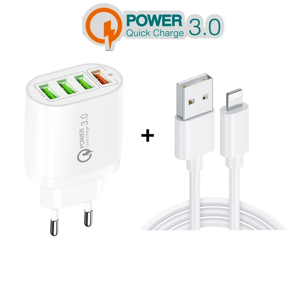 QC04 QC3.0 Hızlı Şarjlı 3 USB2.0 Çoklu Port Şarj Cihazı 3A USB 8 Pin Veri Kablosu Beyaz EU Fiş - 3
