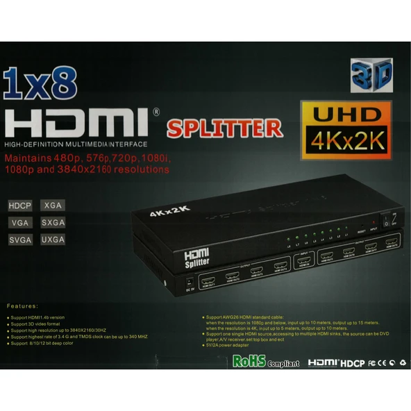 1 Giriş 8 Çıkış 4K HDMI Splitter 3840x2160 30Hz - 6