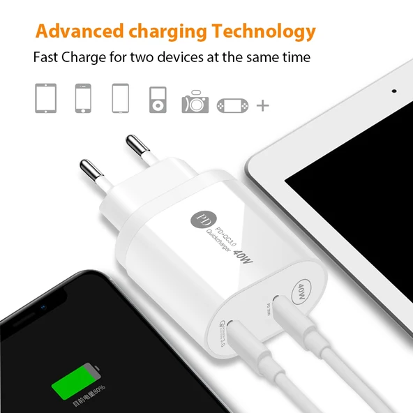 40W Çift Portlu PD Hızlı Şarj Cihazı Beyaz USB-C to 8 Pin Kablo UK Fiş - 7