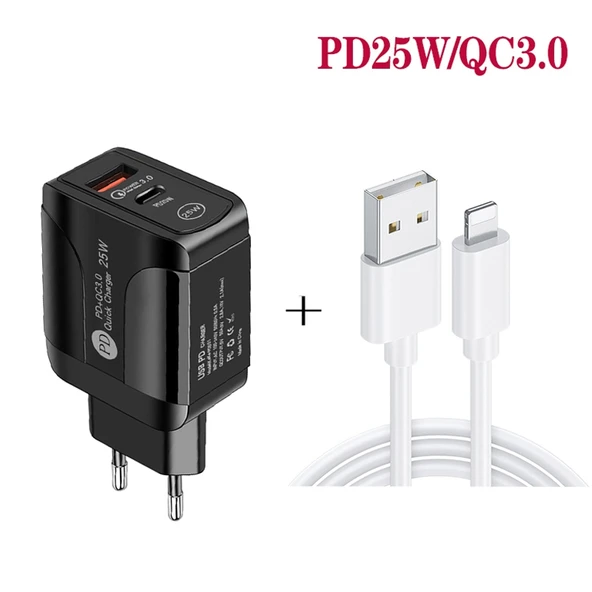 PD25W USB-C ve QC3.0 USB Çift Port Hızlı Şarj Cihazı Siyah 1m USB-8 Pin Kablo ile EU Fiş - 3