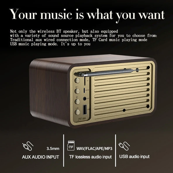 OneDer JY-66 Ahşap Kablosuz Bluetooth 5.0 Retro Klasik Hoparlör FM Radyo TF Kart U Disk AUX Destekli - 7