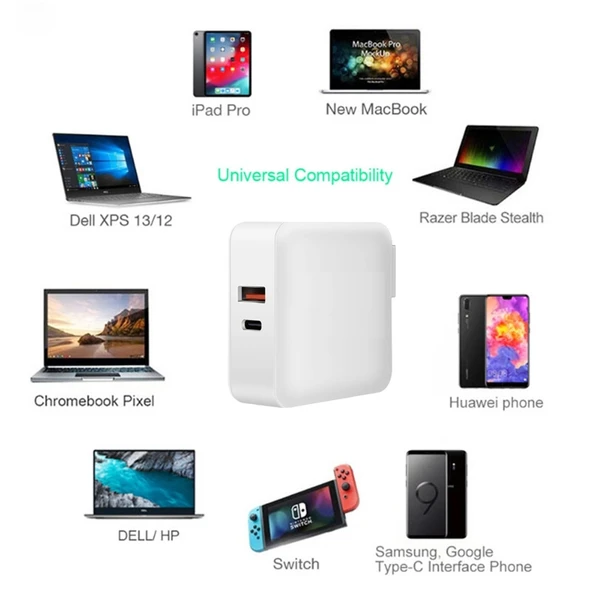A6 65W QC 3.0 USB ve PD USB-C Cift Hızlı Şarj Laptop Adaptörü 2m USB-C Veri Kablosu Seti MacBook Serisi ABD AB UK Fiş - 6