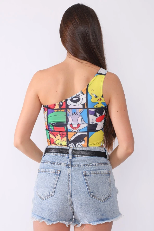 Tek Omuz Parlak Crop Bluz - 9