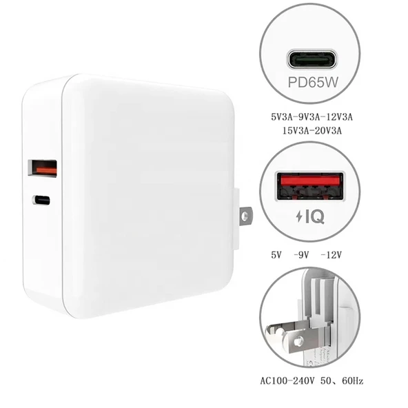 A6 65W QC 3.0 USB ve PD USB-C Cift Hızlı Şarj Laptop Adaptörü 2m USB-C Veri Kablosu Seti MacBook Serisi ABD AB UK Fiş - 3