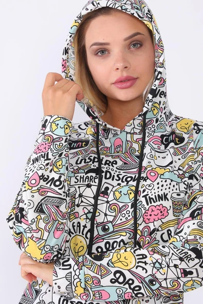 Grafik Desenli Kapüşonlu Pamuklu Sweatshirt - 7