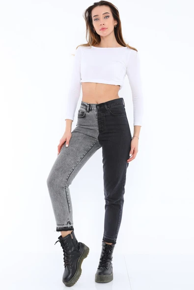 Yüksek Bel İki Renkli Mom Jean Kot Pantolon - 3