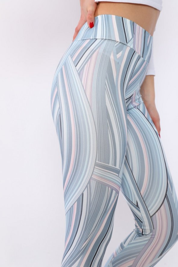 Yüksek Bel Toparlayıcı Mikro Dalgıç Kumaş Karışık Çizgili Desenli Tayt - 2