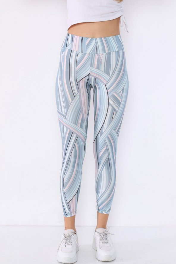 Yüksek Bel Toparlayıcı Mikro Dalgıç Kumaş Karışık Çizgili Desenli Tayt - 4