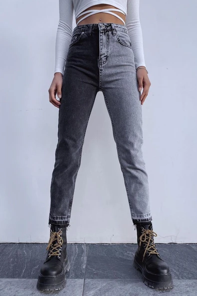 Yüksek Bel İki Renkli Mom Jean Kot Pantolon - 8