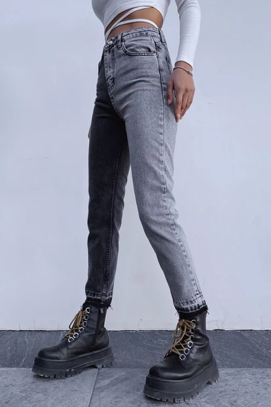 Yüksek Bel İki Renkli Mom Jean Kot Pantolon - 9