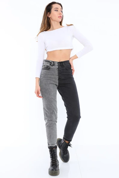 Yüksek Bel İki Renkli Mom Jean Kot Pantolon - 5
