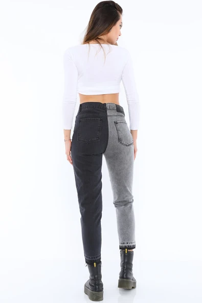 Yüksek Bel İki Renkli Mom Jean Kot Pantolon - 11