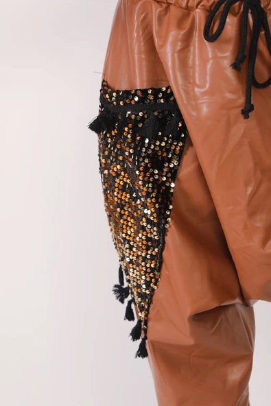 Yüksek Bel Pul ve File Detaylı Deri Şalvar Pantolon - 11