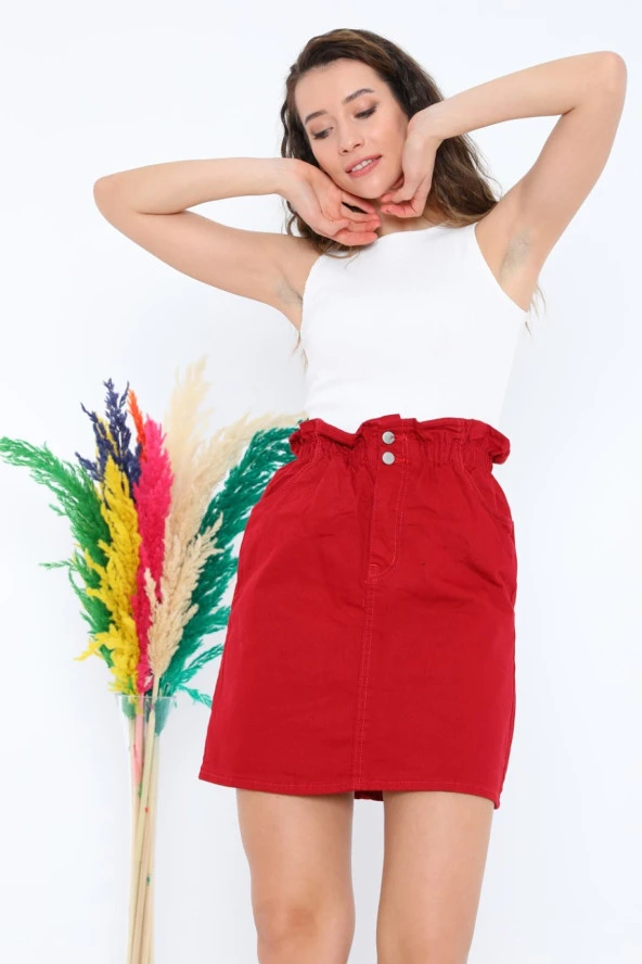 Yüksek Bel Beli Lastikli Kot Etek - 9