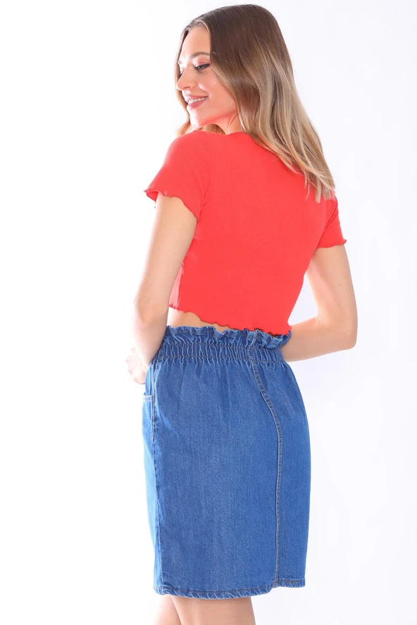 Yüksek Bel Beli Lastikli Kot Etek - 12