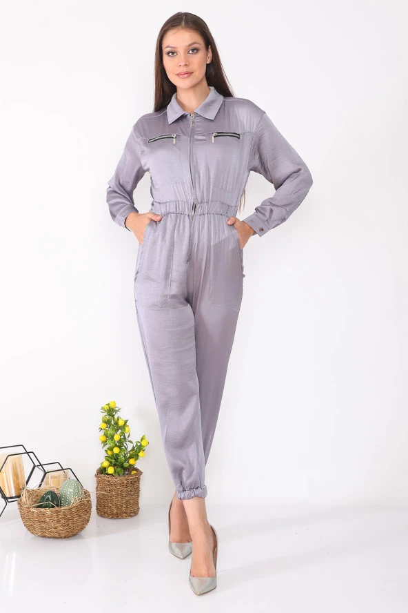 Fermuar Detaylı Cepli Uzun Kollu Kadın Tulum - 3