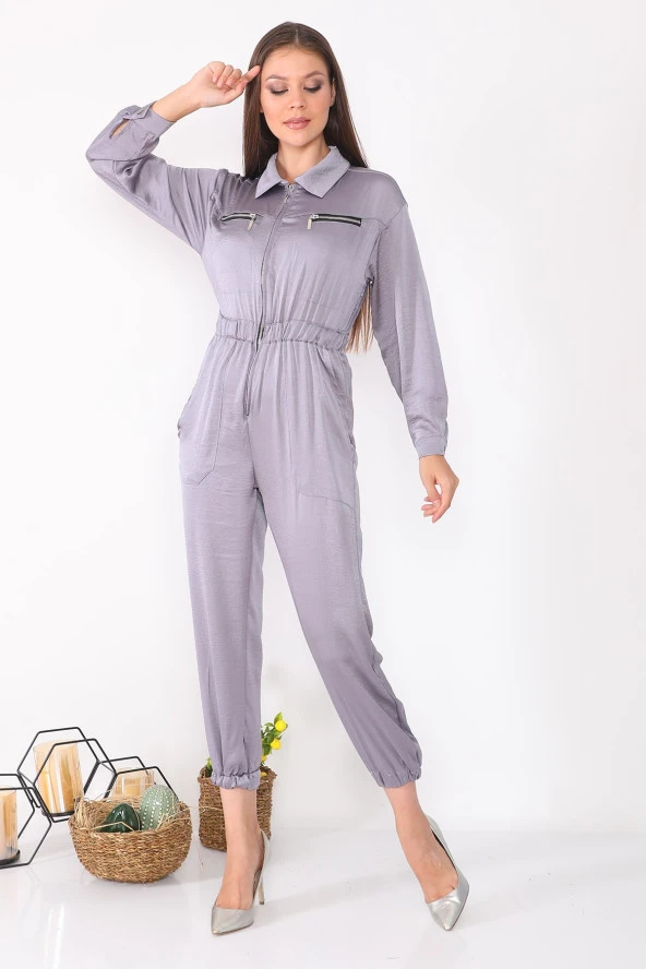 Fermuar Detaylı Cepli Uzun Kollu Kadın Tulum - 4