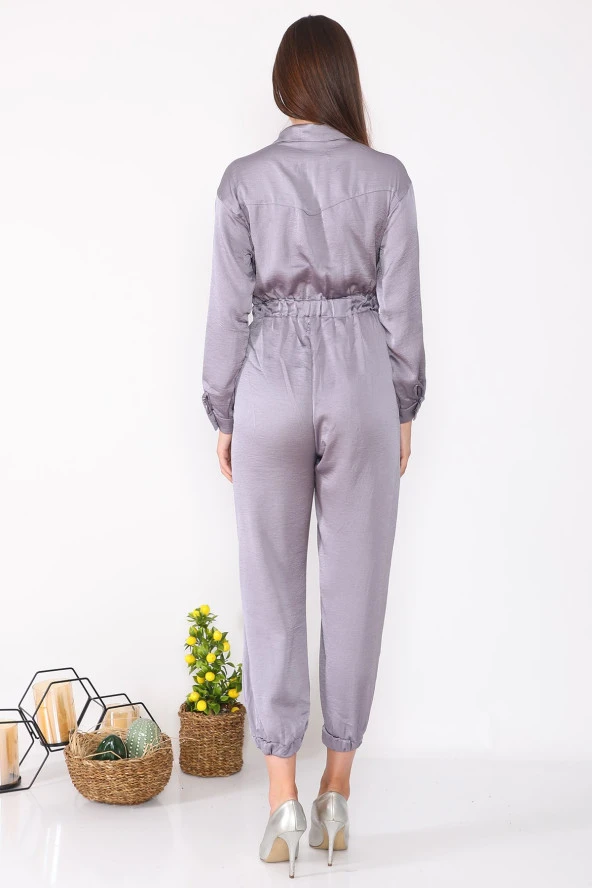 Fermuar Detaylı Cepli Uzun Kollu Kadın Tulum - 5