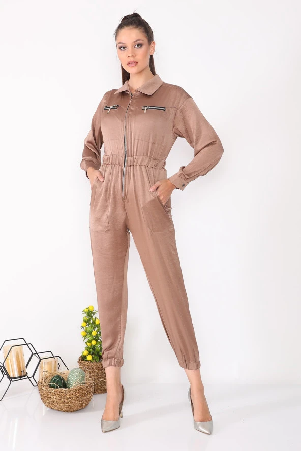 Fermuar Detaylı Cepli Uzun Kollu Kadın Tulum - 6