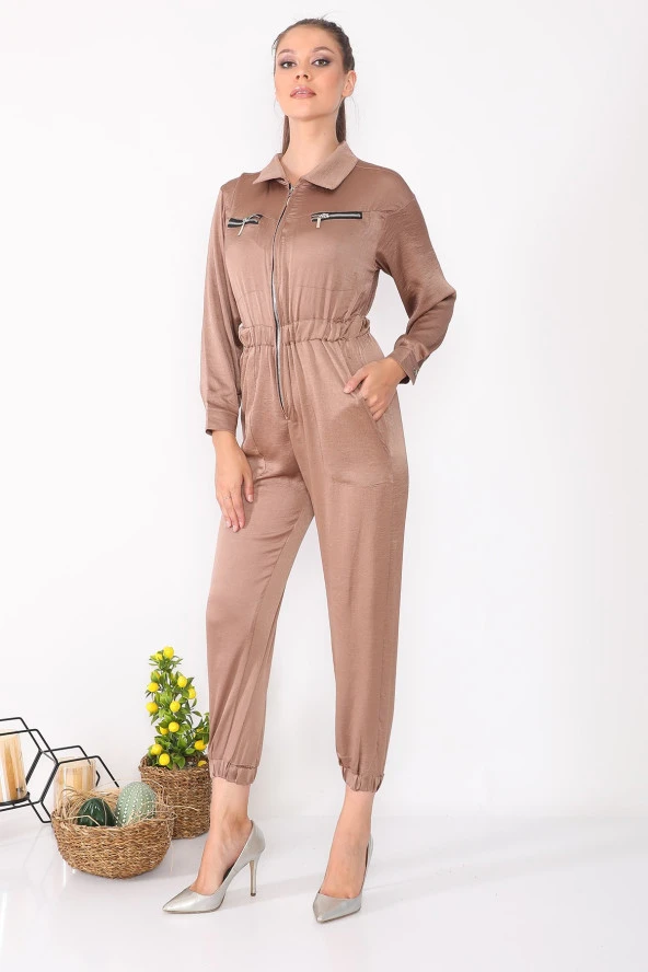 Fermuar Detaylı Cepli Uzun Kollu Kadın Tulum - 7